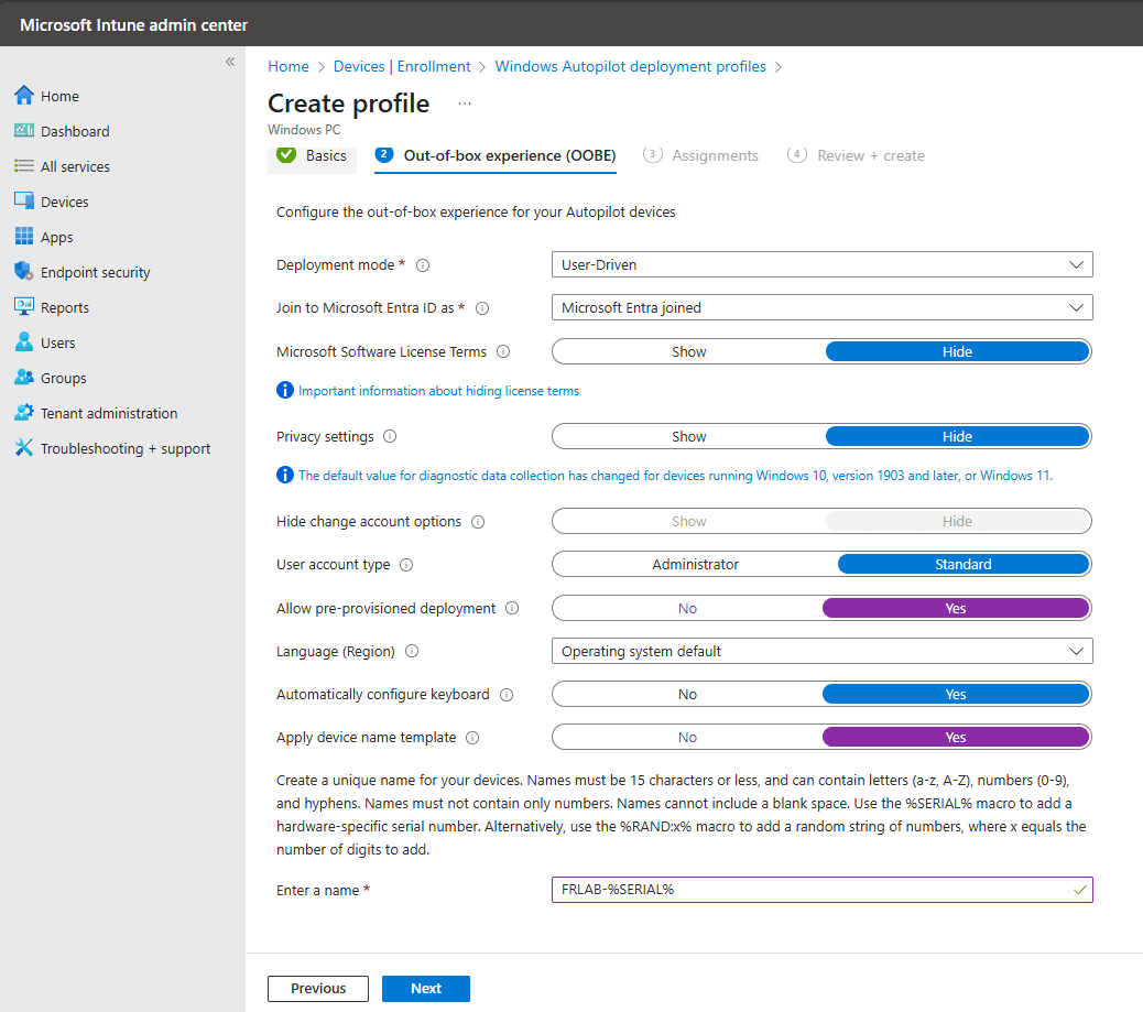 Creating an Autopilot profile 3