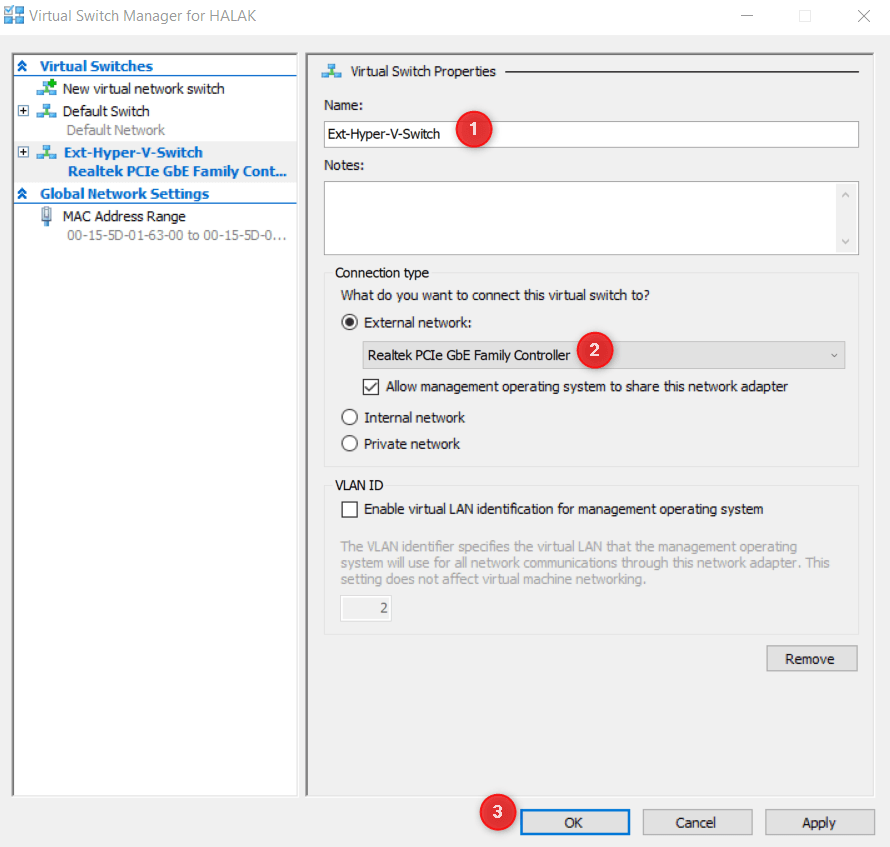 Administrador de Conmutadores Hyper-V - Crear Conmutador Externo